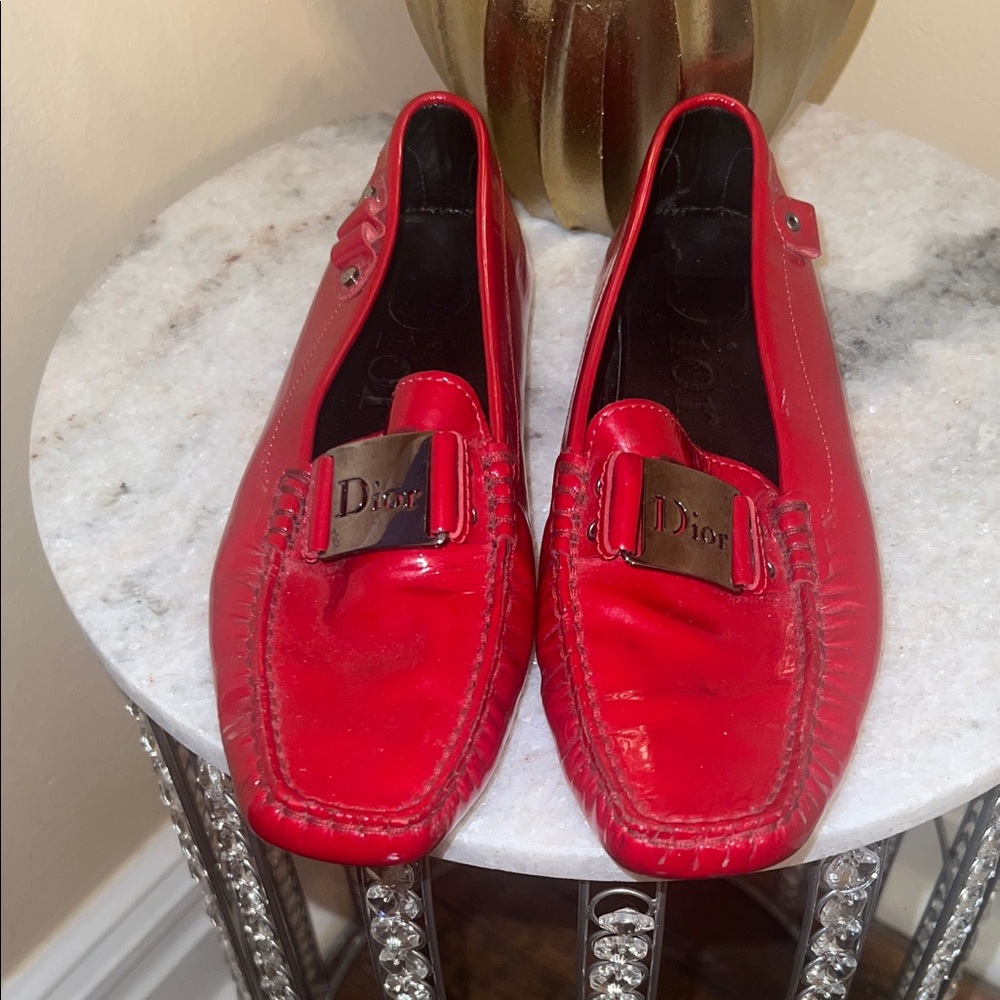 Christian Dior Red Patent Leather Logo Loafers • Size 36.5 • Made in Italy